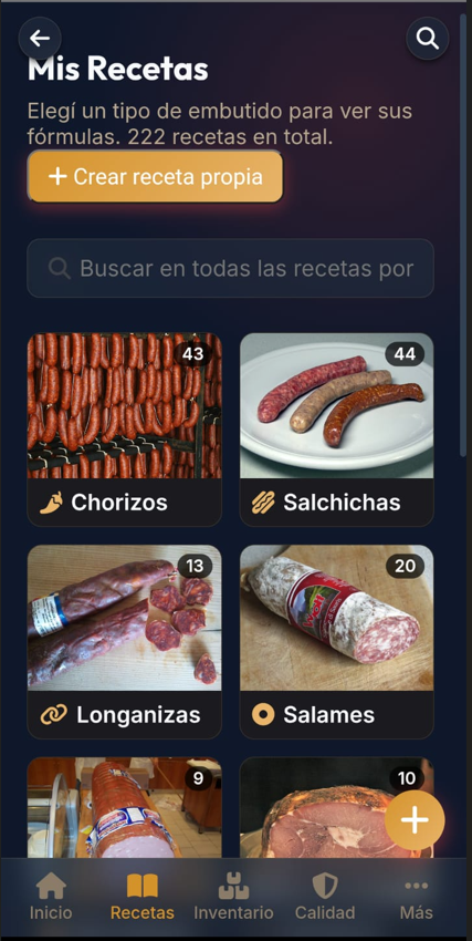 Pantalla de recetas de la app